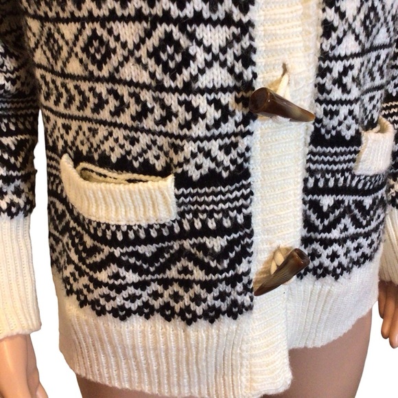 Avalanche Womens Size M Black White Fair Isle Hooded Toggle Cardigan Sweater - Picture 5 of 9
